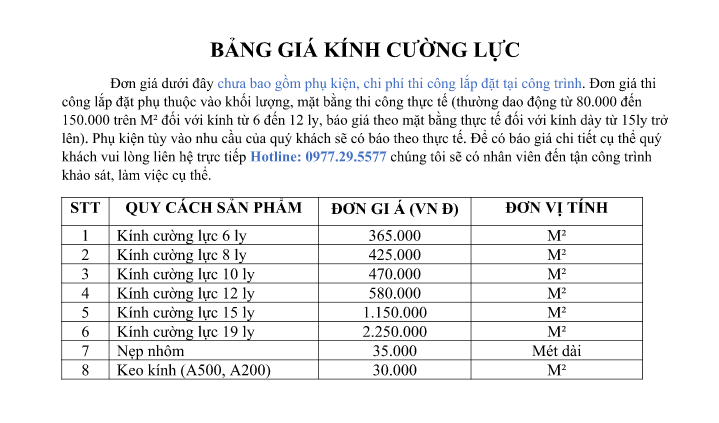 bảng giá kính cường lực