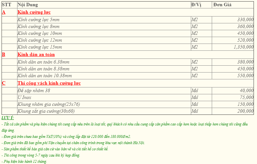 bảng báo giá vách ngăn kính cường lực